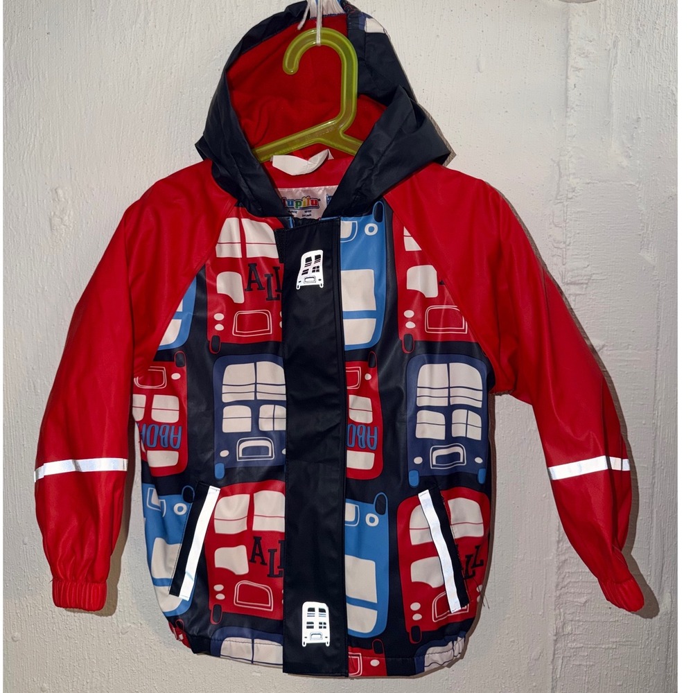 Lupilu Kids Red Blue London Bus Hooded Rain Jacket Reflective Strip sz 2-4 Years